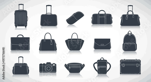Travel bag icons set, 15 luggage and suitcase vector silhouettes, professional business briefcase and backpack collection for tourism and vacation