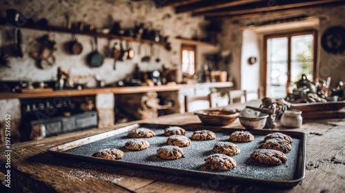Warm Rustic Kitchen Scene with Freshly Baked Chocolate Chip Cookies on a Baking Sheet on a Wooden Table Dusting of Powdered Sugar Natural Light Flooding the Room