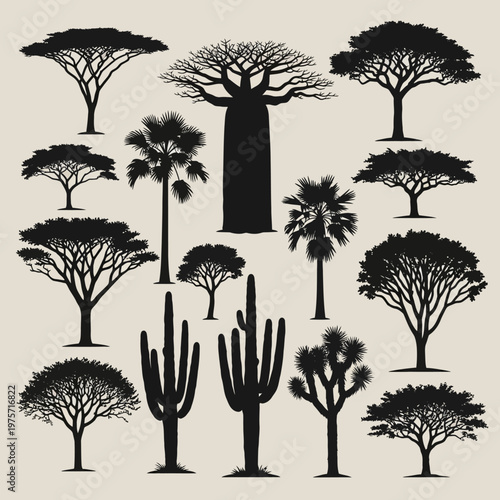African savanna tree silhouettes, collection of 14 desert plants and acacia trees, black baobab and cactus vector icons for safari landscape design