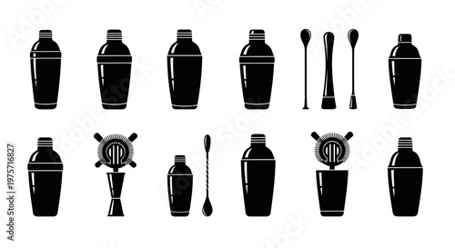 Black cocktail shaker icons set, professional bartender equipment vector collection, barware tools and mixology accessories for menu design