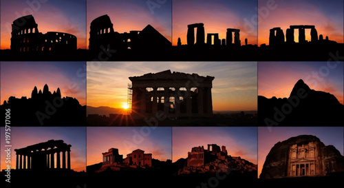 Ancient ruins silhouette collection, historic landmark monuments at sunset, archaeological site vector set, world heritage architecture icons