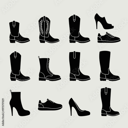 Black footwear silhouette icons set, 12 vector shoe elements including cowboy boots and high heels, fashion footwear collection for retail design