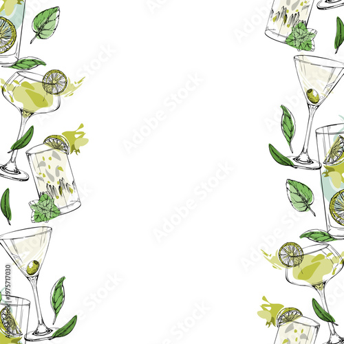 Seamless ink cocktail edges, Martini glass, Mojito, lime Daiquiri or Margarita in green clear tones, flat fills. Hand drawn banner for travel menus, event graphics, blog sections, decorative strips