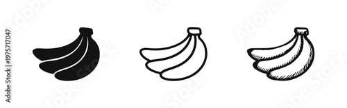 Banana bunch icons set: solid silhouette, thin line, and hand-drawn sketch styles. Tropical fruit vector art.