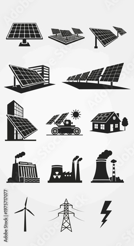 Renewable energy icons set with solar panels and wind turbines, industrial power plant and nuclear factory symbols, sustainable electricity vector collection