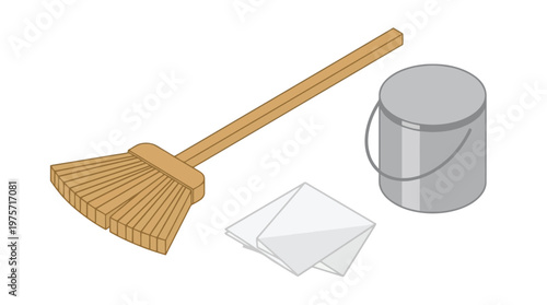 Broom and cleaning supplies on floor.