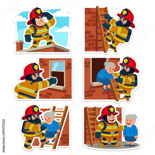 Highly detailed flat vector illustration set of six firefighter stickers depicting rescue operations including looking up, climbing ladder, reaching window, supporting victim, guiding descent