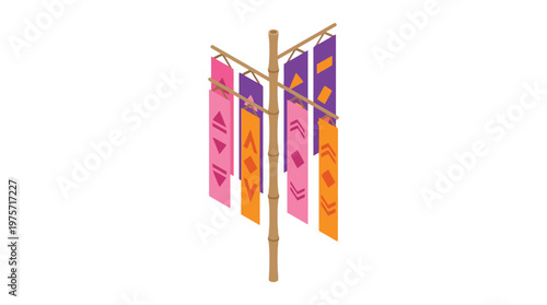 Colorful hanging fabric banners display.