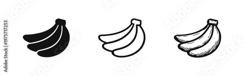 Banana bunch icons set: solid silhouette, thin line, and hand-drawn sketch styles. Tropical fruit vector art.