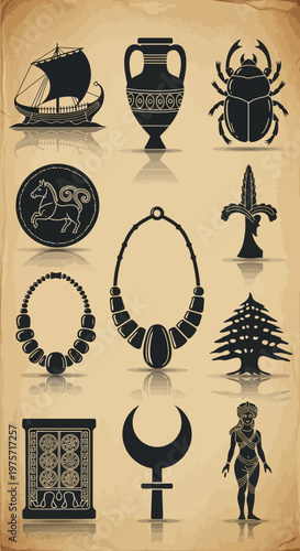 Ancient Phoenician symbols and artifacts collection, vintage archaeological icons set, historical Mediterranean culture vector elements on parchment