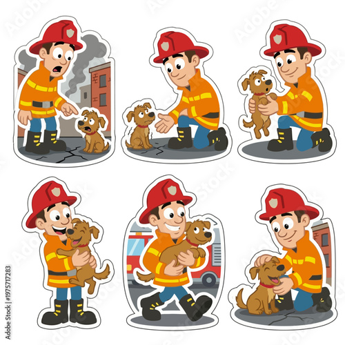 Flat vector illustration set of six firefighter stickers depicting dog rescue sequence including spotting scared pet, kneeling approach, gentle lift, clinging embrace, secure carry, and safe release