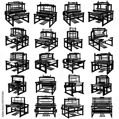 Vintage weaving loom silhouettes, collection of 20 traditional textile machinery icons, antique wooden handloom vector set for craft and industry