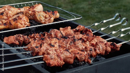 Pork skewers and chicken feet marinated grilling on rack over coals, spring barbecue in backyard