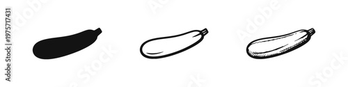 Zucchini Vegetable Icon Set - Black Glyph, Outline, and Hand-Drawn Sketch Styles on White Background