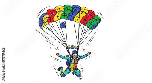 A colorful illustration depicts a skydiver descending with a parachute