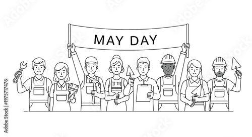 Diverse group of workers holding a banner reading may day