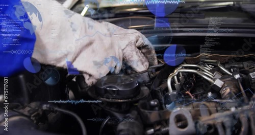 Auto gloved mechanic placing cloth by cap, activating blue HUD, securing fuel lines for inspection