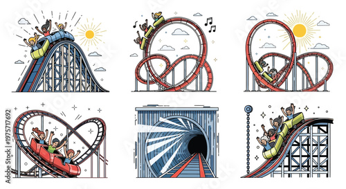 Colorful illustration depicting various segments of a thrilling rollercoaster ride