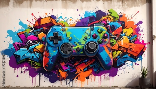 A vibrant graffiti art piece featuring a video game controller