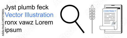 Business contracts, digital agreements, legal documentation, agriculture, magnifying tools, and analysis. Magnifying glass, wheat ear and signed contract displayed. Business contracts