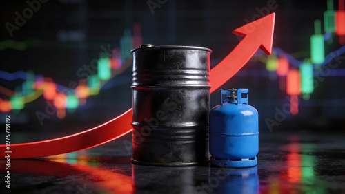 Black oil barrel and blue gas cylinder standing before a large red arrow symbolizing rising energy and fuel prices