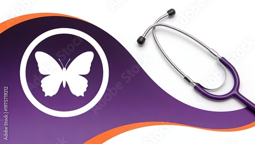 Purple medical stethoscope placed next to a circular icon showing a white butterfly shape on a wavy purple background