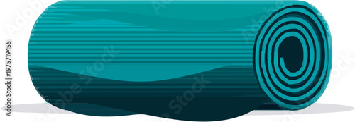 A vibrant teal yoga mat is neatly rolled up on a minimalist white background, showcasing sharp clean contours in a flat vector illustration
