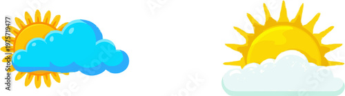 A simple white cloud with a sun peeking out in a minimalist, sharp clean contours style, showcasing minimal shading and texture for high precision vector auto tracing