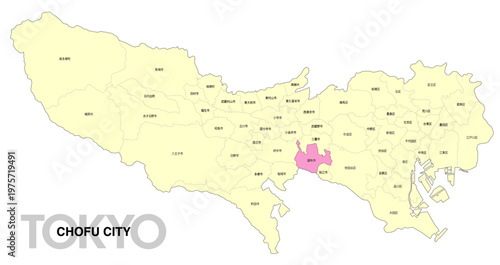 [日本地図] 東京都調布市の市区町村名入り位置地図 (英語)