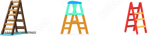 A minimalist wooden step ladder stands upright on a pure white background with sharp clean contours and minimal shading, ideal for high precision vector auto tracing in home maintenance tasks