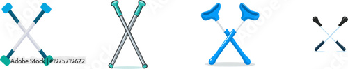 A minimalist flat vector graphic of a stylized pair of crutches crossed in an X shape, rendered in dark medical blue with teal tips on a solid white background