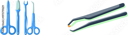 A minimalist flat vector graphic of surgical tools including a scalpel, tweezers, scissors, and forceps is displayed against a pure white background with clean blue outlines and solid colors