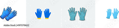 A minimalist flat vector graphic of a stylized pair of blue nitrile medical gloves on a white background, with no gradients or shadows, representing hygiene in a clean 2D style
