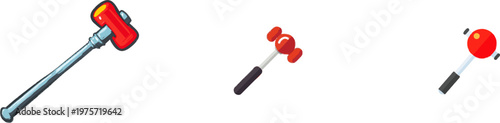 A minimalist flat vector illustration of a stylized medical reflex hammer with a bright red rubber head and a silver handle, set against a pure white background in clean 2D graphic style