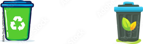 A minimalist compost bin with a simple lid and green recycle icon stands against a pure white background, embodying eco-friendly practices in a clean, sharp vector design