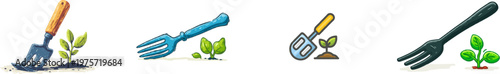 A minimalist garden hand fork with a vibrant orange handle stands beside a small green sprout icon, set against a pure white background