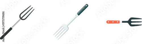 A minimalist garden fork with four sharp tines stands against a pure white background, showcasing its clean and precise design in a vector illustration format optimized for high precision auto tracing
