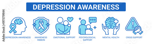 Depression Awareness web banner icon vector illustration concept with icons of depression awareness, awareness ribbon, emotional support, psychological support, mental health, and crisis support.