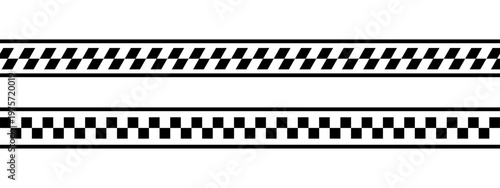 Borders, separators or dividers with checkered print for taxi or police car. Tapes with race flag or chess board pattern. Strips with repeated black and white squares. Vector graphic illustration