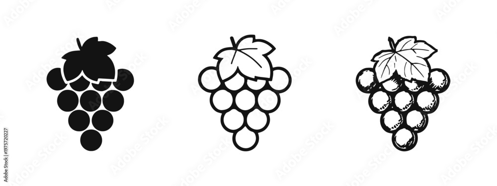 Fototapeta premium Grapes Icon Set with Leaf. Vineyard Fruit and Wine Vector Graphics.