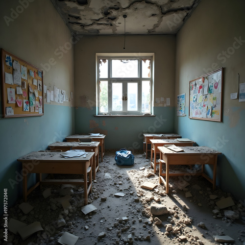 Ruined primary school classroom after shelling in war zone 2026.