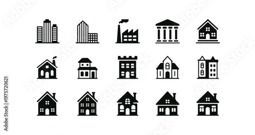 Simple building icons in black and white for city planning and architectural design