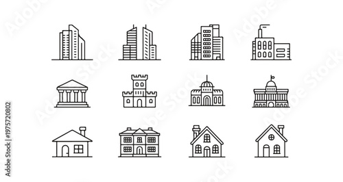 Outline building icons set representing skyscrapers government offices and private homes