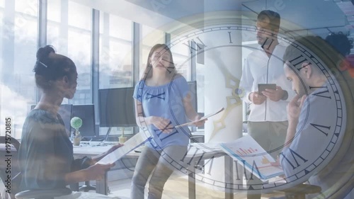 Lead raising sheet handing yellow file guiding biz team on reports with clock overlay closing deal