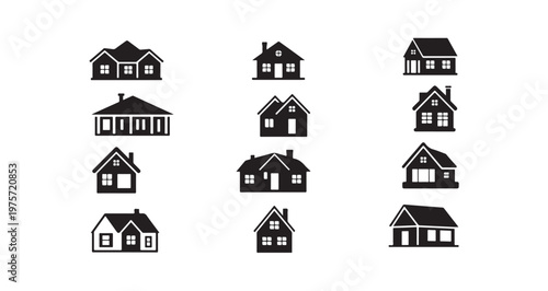 Varied house icons for real estate concepts with different roof shapes and window styles