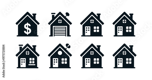 House vector icon set with various symbols like dollar garage satellite in black silhouette