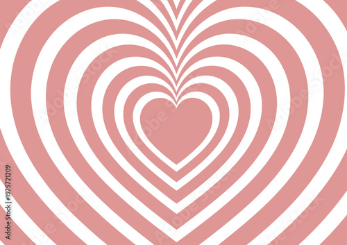An abstract illustration featuring a hypnotic pattern of nested pink and white heart shapes.