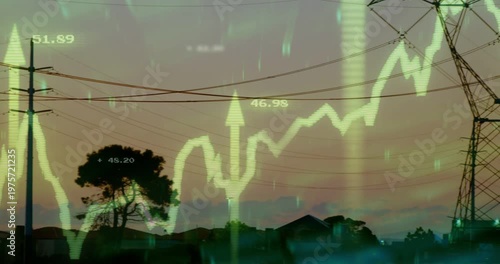Camera panning right revealing pylons while neon chart climbing over sunset sky showing grid demand