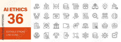 AI ethics icon set. Editable line icons. Vector illustration.