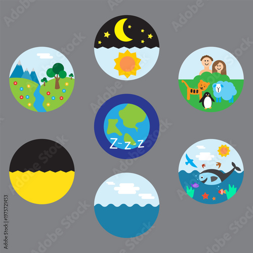 Biblical creation set. Seven 7 days. Genesis world Vector. Nature religious symbol. Manual vector only. No autotrace used.